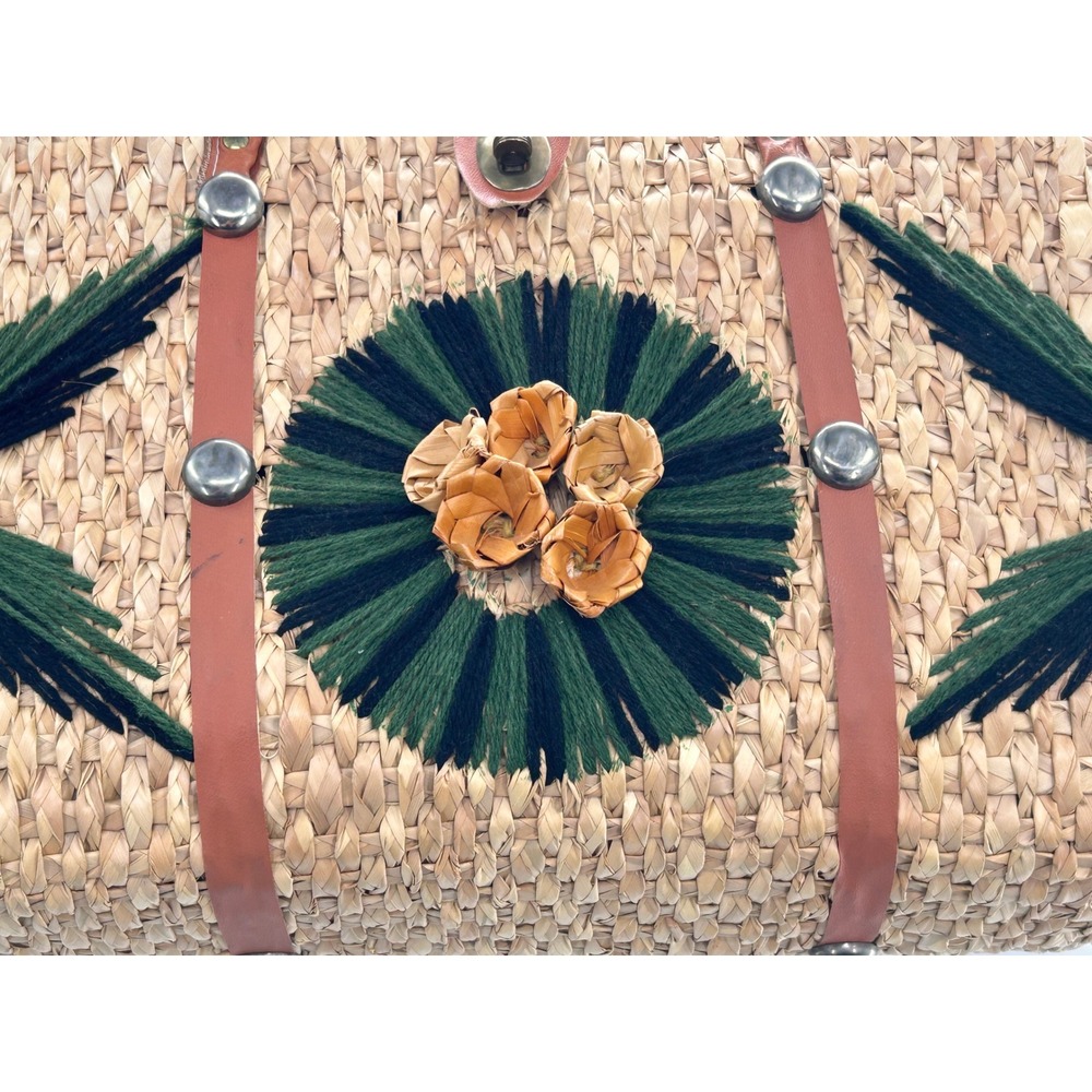Vintage Woven Straw Floral Embroidered Satchel Bag Boho Cottagecore Natural Tan - Picture 4 of 11